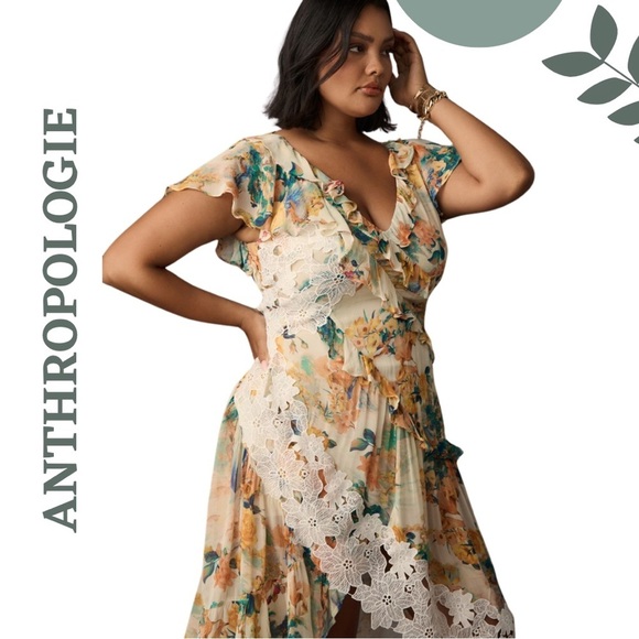 Anthropologie Floral Ruffle Maxi Hi Low Dress - V Neck Lined Romantic Size 20W - Picture 3 of 13